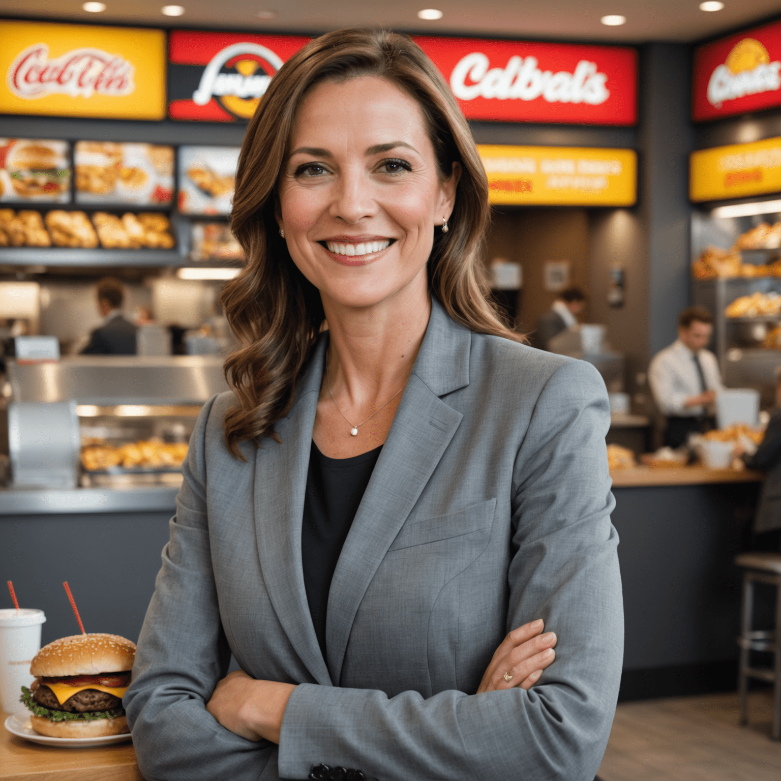 Portrait de Marie Dupont, experte en franchise fast-food, portant un tailleur gris, souriante et professionnelle