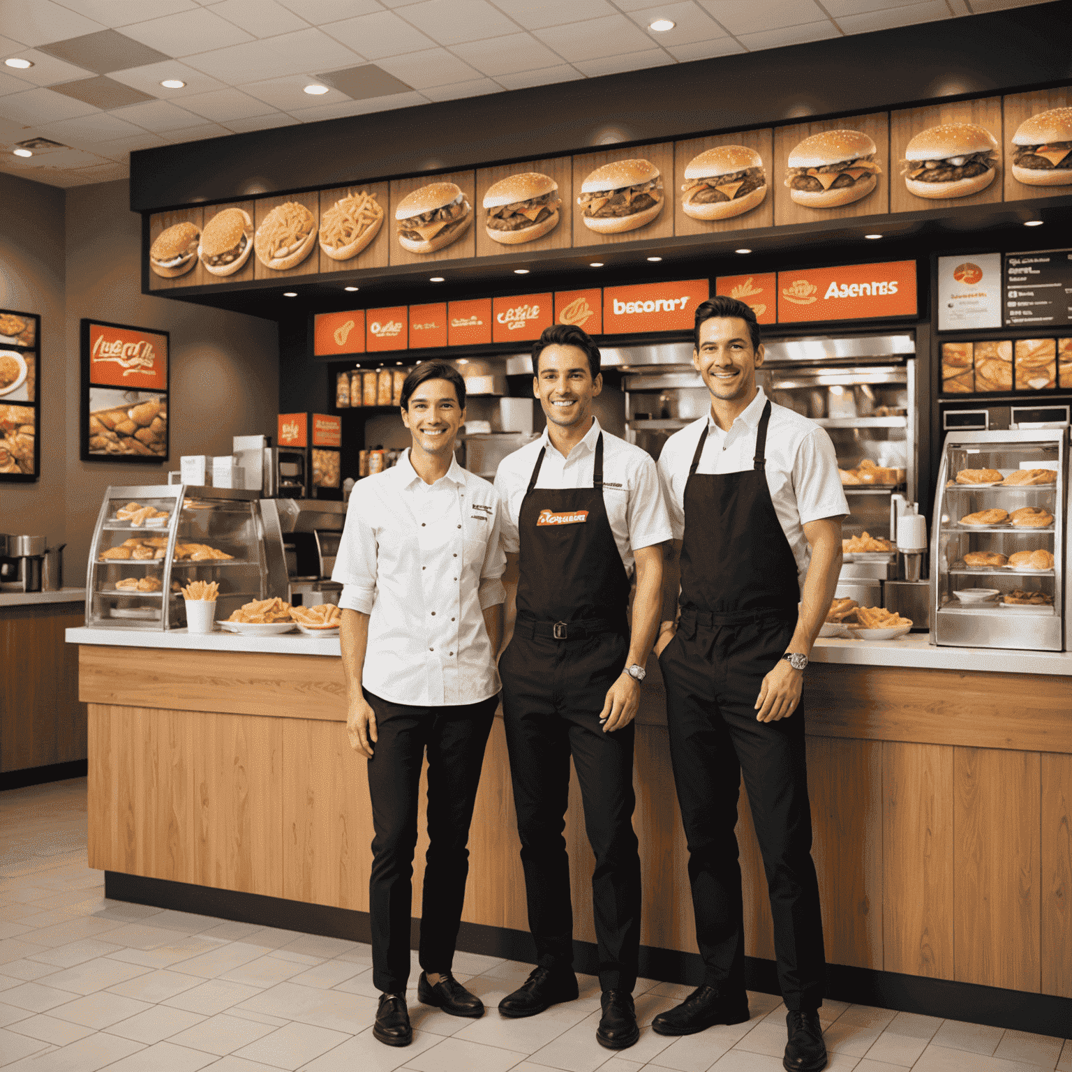 Une franchise de fast-food moderne avec des clients satisfaits et un personnel souriant