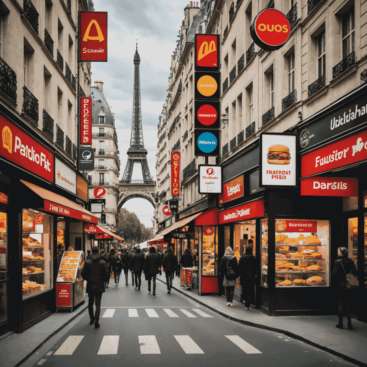 Image montrant une rue animée de Paris avec plusieurs enseignes de restauration rapide, mettant en évidence la diversité des options de fast-food disponibles