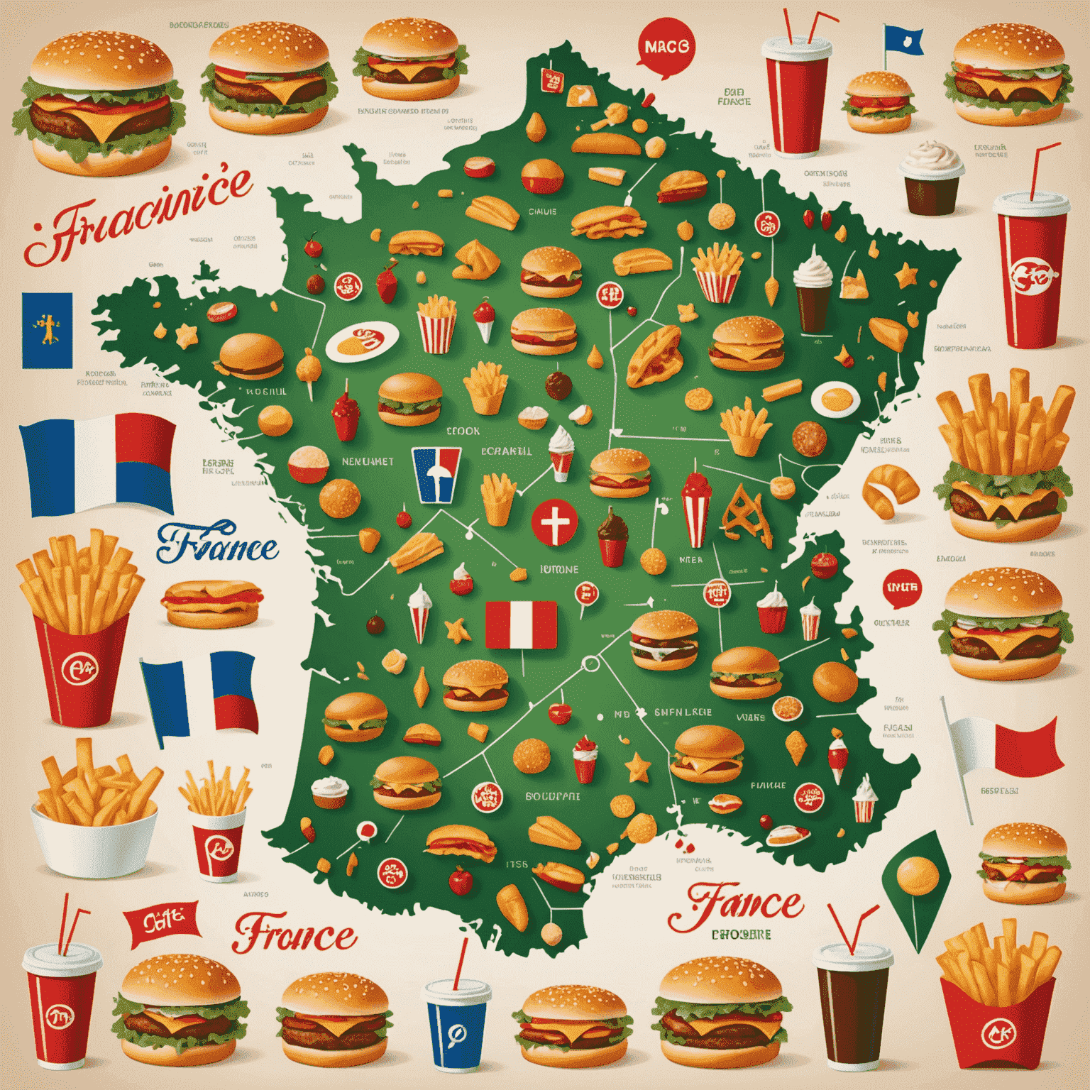 Une carte de France avec des icônes de restauration rapide réparties sur le territoire, illustrant la diversité des opportunités de franchise