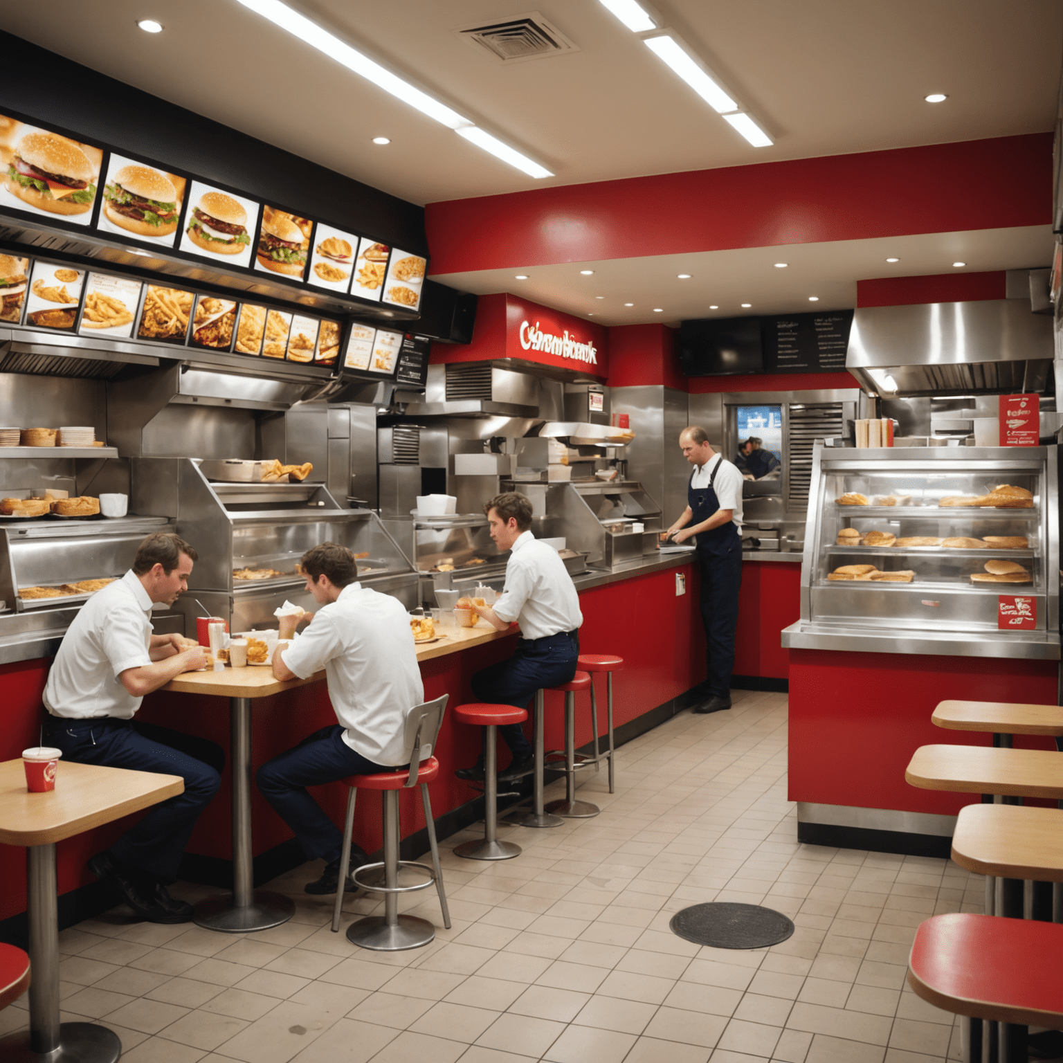 Image d'un restaurant de restauration rapide en France avec des employés travaillant et des clients mangeant, illustrant les normes d'hygiène et de sécurité