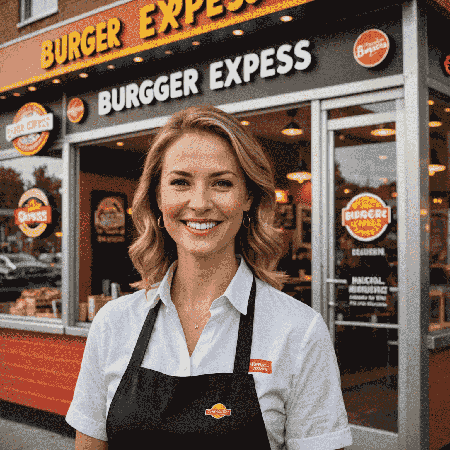 Marie Dubois souriante devant son restaurant Burger Express, une devanture moderne avec un logo attrayant