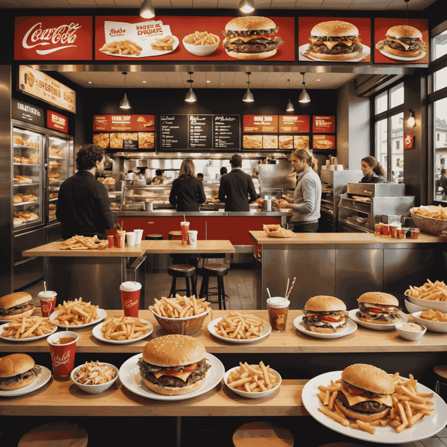 Image illustrant les tendances du marché de la restauration rapide en France, montrant des plats populaires et des consommateurs dans un restaurant moderne