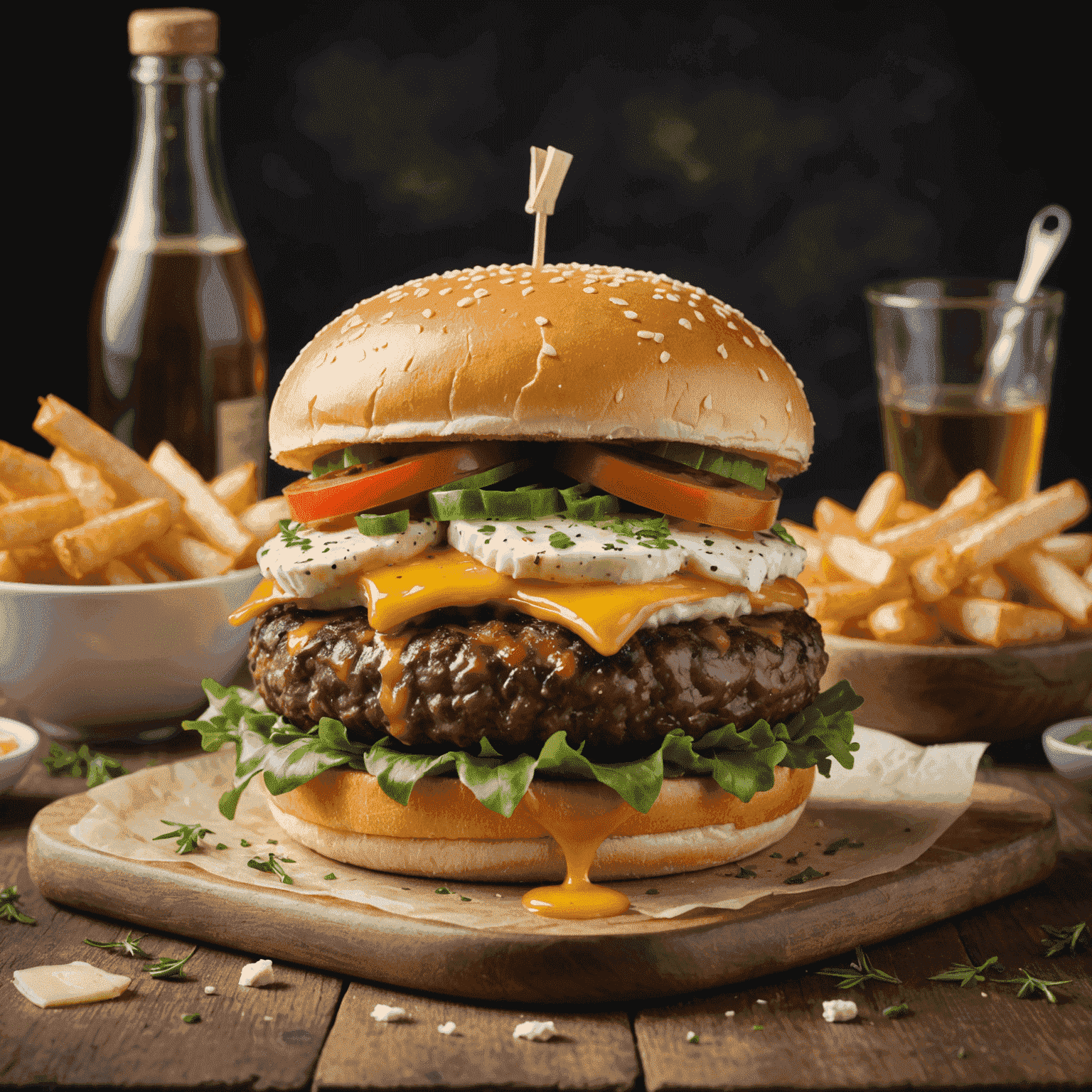 Image d'un plat de fast-food fusion combinant un burger avec des ingrédients typiquement français comme du fromage brie et des herbes de Provence