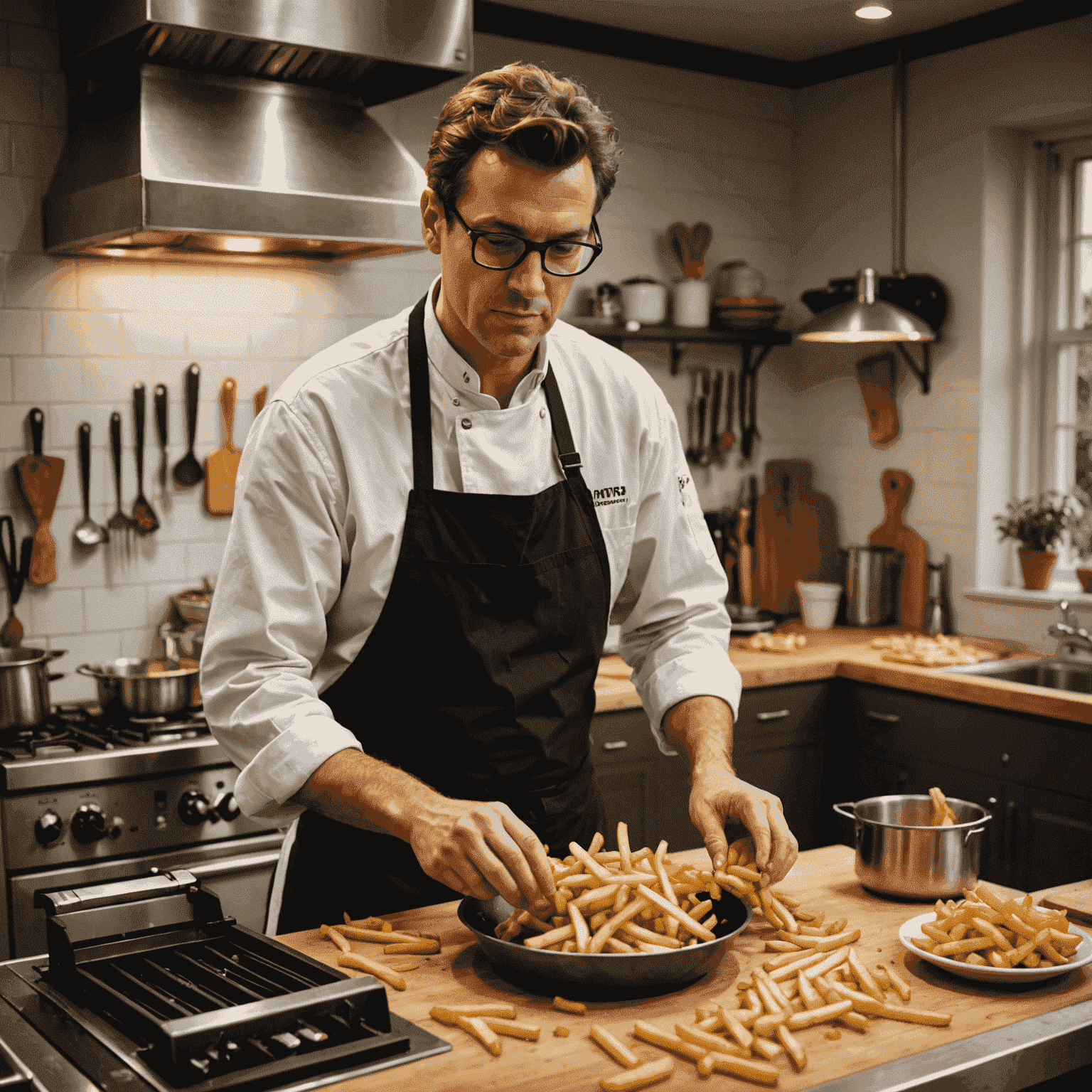 Pierre Martin dans sa cuisine, préparant des frites fraîches avec des équipements modernes