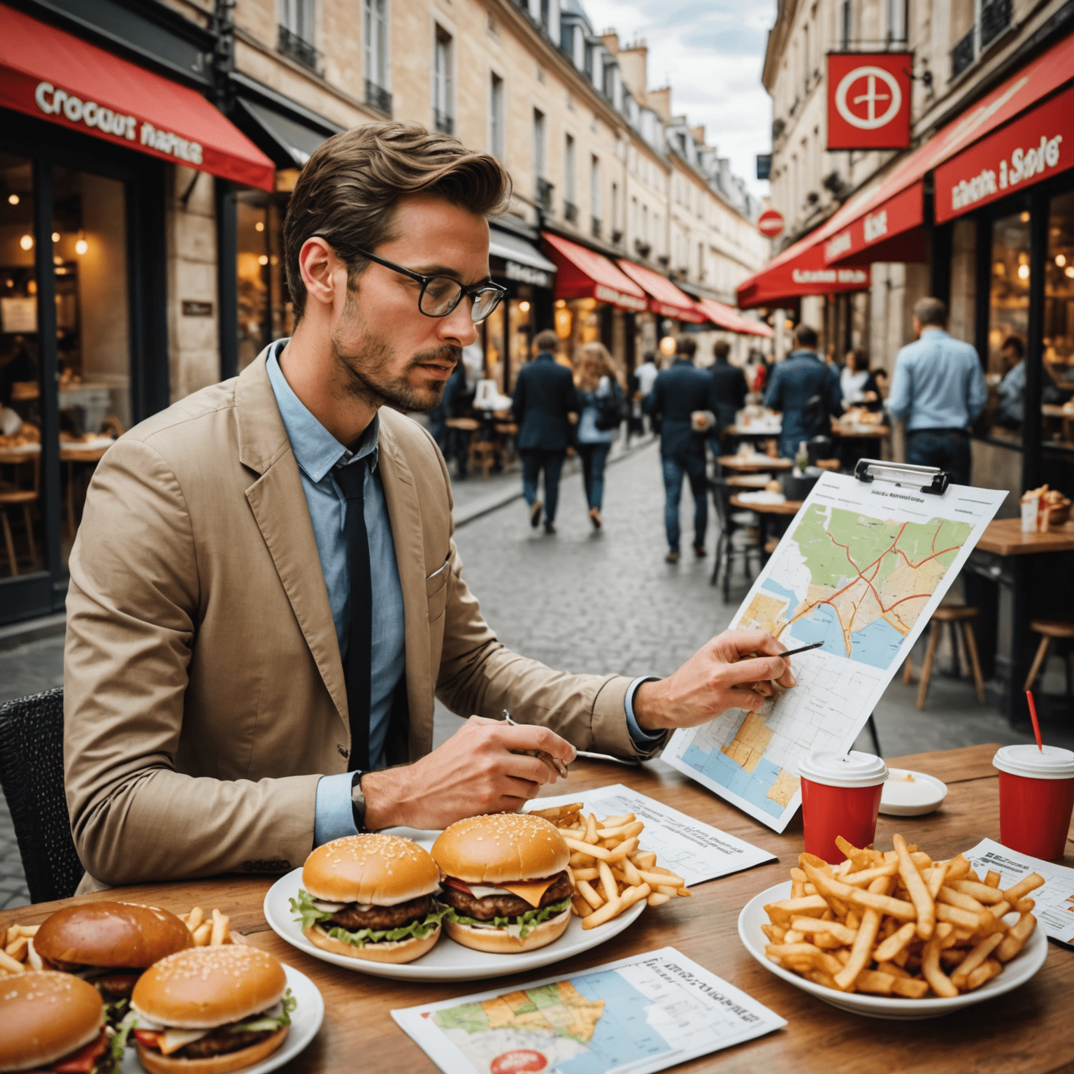 Image montrant un entrepreneur examinant différentes options de franchise de restauration rapide en France, avec des cartes et des graphiques sur une table