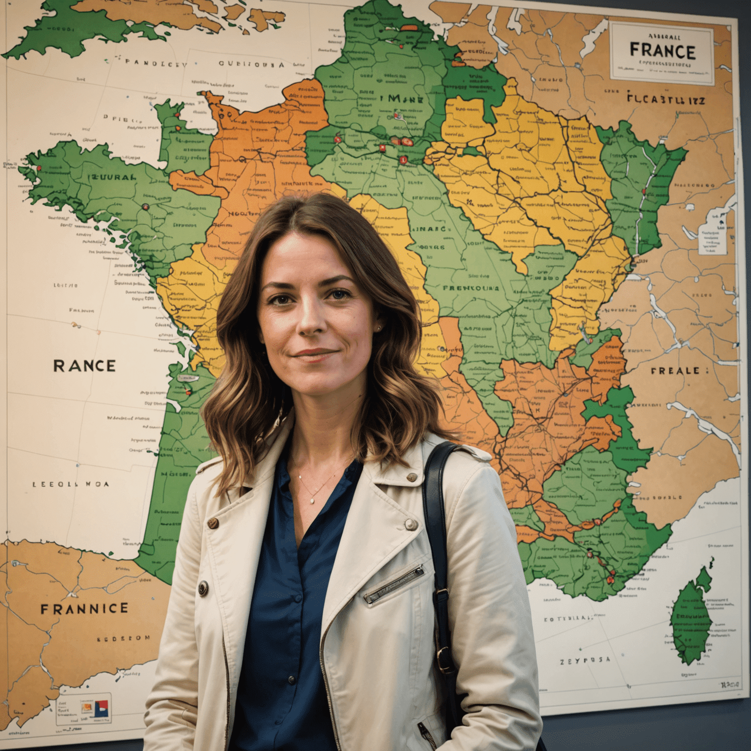 Sophie Leroy devant une carte de la France montrant les emplacements de ses franchises Wrap & Go