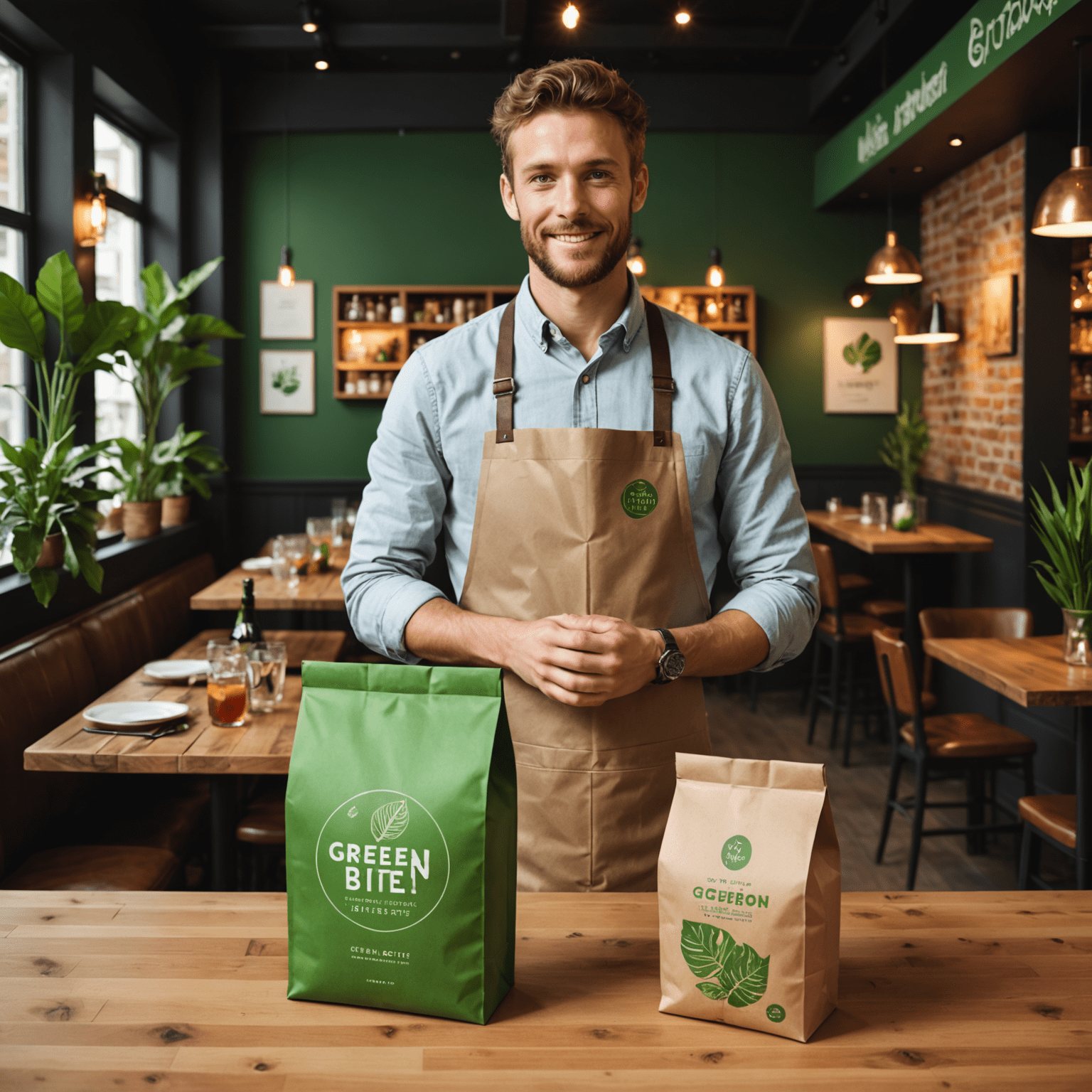 Lucas Petit présentant les emballages écologiques utilisés dans ses restaurants Green Bite